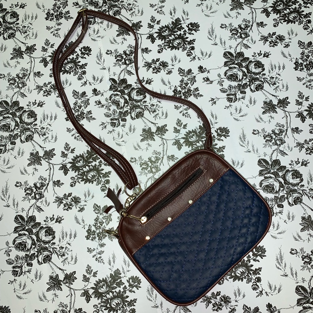 Brown & Navy Blue Purse with Adjustable Strap